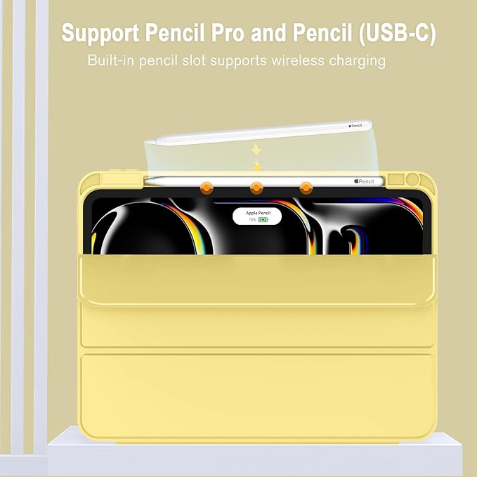 ZryXal iPad Pro 11 Inch Case (M5) 2025/ (M4) 2024 (Model: A2836/A2837/A3006), Trifold Stand Smart Cover with Pencil Holder and Soft TPU Back, Auto Wake/Sleep (Yellow)