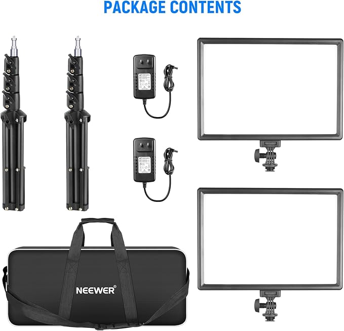 NEEWER 13" LED Video Light Panel Kit, 2 Pack Bi Color Dimmable with Tripod Stand, 4000mAh Battery, 3200K-5600K CRI97+, USB, for Studio/Streaming/YouTube, Black, NL-192AI