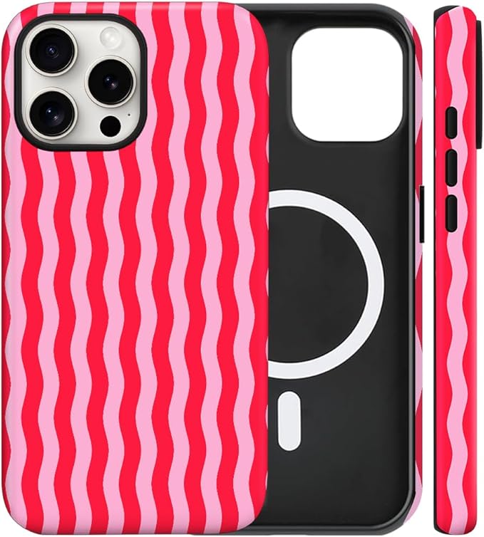 Magnetic for iPhone 14 Pro Max Case Cute Wavy Stripes Phone Case, Shockproof Slim TPU and Hard PC Protective Phone Cover Compatible with MagSafe Designed for Women Girls, Red