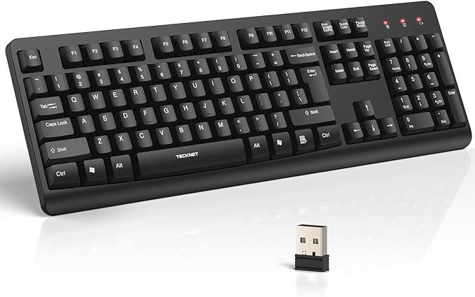 TECKNET Wireless Keyboard, 2.4G Silent Full-Size USB Keyboard with Number Pad, Ergonomic Keys & Adjustable Feet, Compatible with Laptop, PC, Desktop, Notebook, Windows 11/10/8/7 –Black
