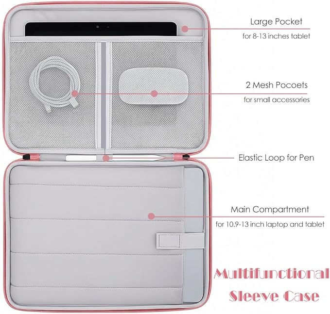 ProElife 13-Inch Laptop Sleeve Case for 2026-2024 MacBook Air 13.6 inch M5/M4 Chip & MacBook Neo 13'' A18 Pro/iPad Pro M5 13-inch Accessory Traveling Water-Resistant Bag Portable Carrying Case (Pink)