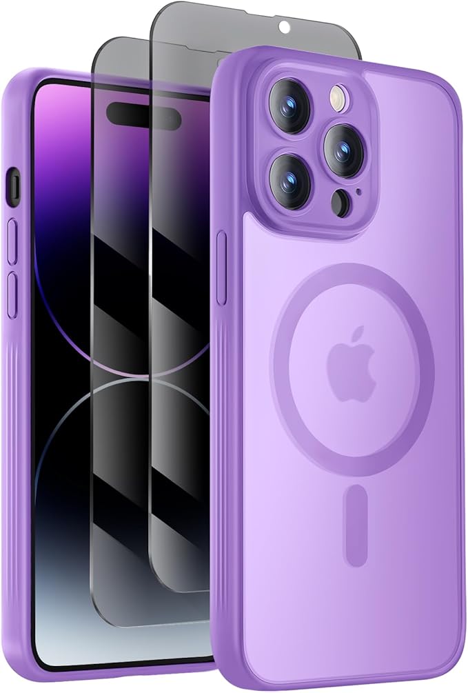 Symcele Designed for iPhone 14 Pro Case, Compatible with MagSafe, with Privacy Screen Protectors X2, [Camera Protection] [15FT Military Drop Protection] Shockproof Phone Case, 6.1", Light Purple