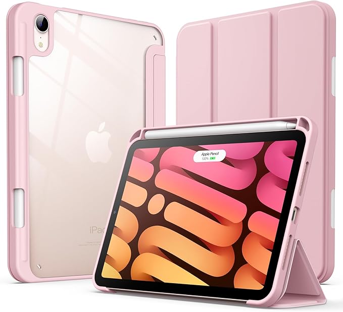 JETech Case for iPad mini (A17 Pro, 2024 Model, 7th Generation) / mini 6 (2021 Model, 6th Generation) with Pencil Holder, Clear Back Shell Stand Shockproof Tablet Cover, Auto Wake/Sleep (Pink)