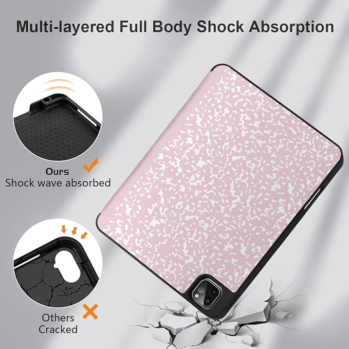 MEEgoodo for iPad Pro 12.9 Case M2 6th/5th/4th/3rd Generation 2022 2021 2020 2018 with Pencil Holder, Tablet Cover with Soft TPU Back Shell, Pink Composition Book