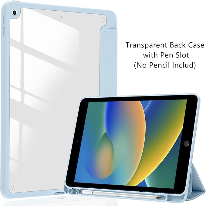 JOYLAND White Bow Pattern Case for iPad 7th/8th/9th Generation, Clear Transparent Acrylic Hard Back Blue Case with Pencil Holder Trifold Stand Tablet Cover for iPad 10.2" 2019/2020/2021