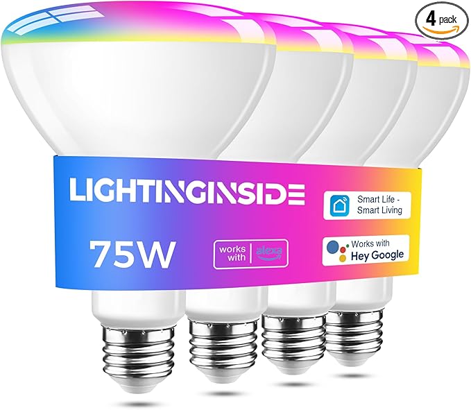 Lightinginside Smart Light Bulb 1100LM, RGBCW BR30 E26 Bulb Works with Alexa/Google Home/SmartLife, 2.4G WiFi Bluetooth Recessed Flood LED Bulbs 12W, No Hub Required, 75W Equivalent, ETL Listed, 4PCS