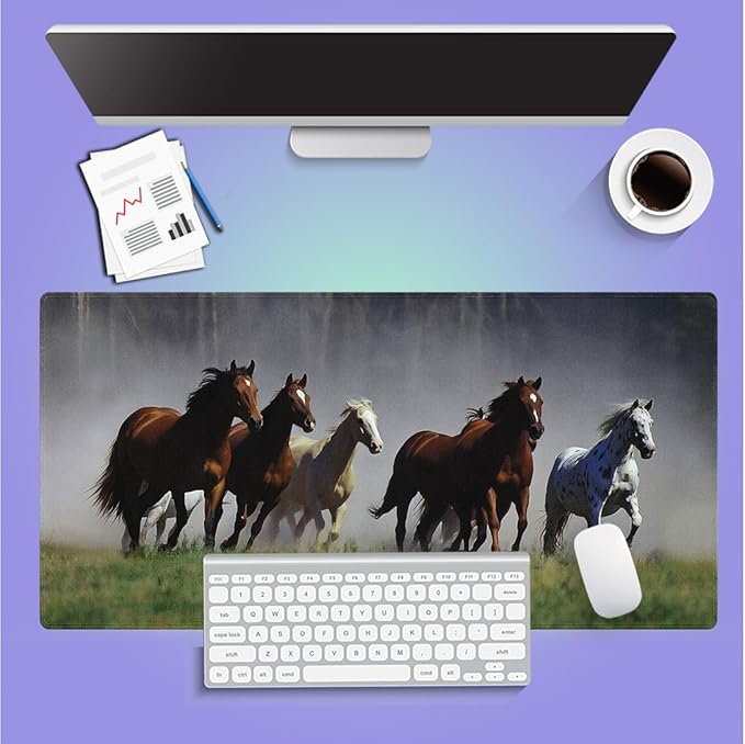 Large Gaming Mouse Pad (31.5" x 15.8") - American Quarter Horses Prairie Animals Galloping Through The Mist Scene, Extra XXL Office Accessories, Premium Stitched Anti-Slip Office Desk Mat
