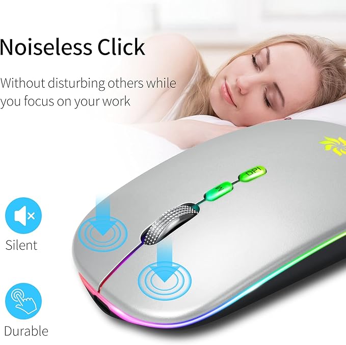 KBCASE Wireless Mouse, LED Wireless Mouse for Laptop, Slim Silent Mouse 2.4G Rechargeable Wireless Computer Mouse for Laptop, MacBook, iPad, Chromebook, with USB & Type-c Receiver