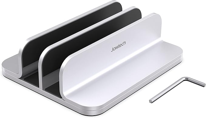 JOKItech Double Aluminum Laptop Vertical Stand Organizer, Sturdy Notebook Computer Holder Stand Compatible with New Liquid Retina XDR Apple MacBook Air/Pro/Neo, Mac mini, Apple TV & iPad Pro - Silver