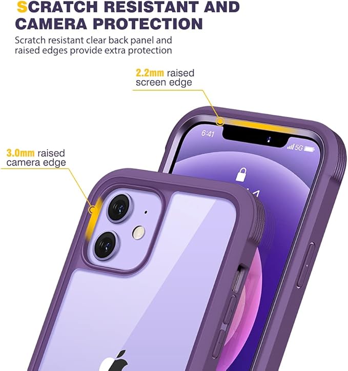 Diaclara Designed for iPhone 12/12 Pro Case, Full Body Rugged with Built-in Touch Sensitive Anti-Scratch Screen Protector, Soft TPU Bumper for iPhone 12/12 Pro 6.1" (Purple and Clear)
