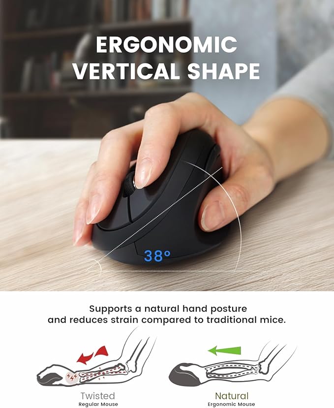 Perixx PERIMICE-719R Wireless 2.4G Rechargeable Ergonomic Mouse - Duo Wired and Cordless Charging Feature - Black