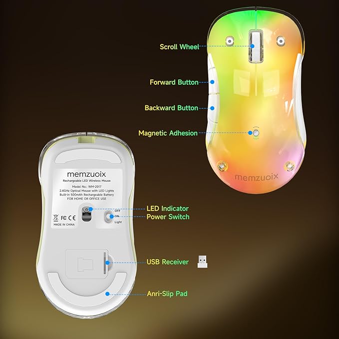 memzuoix 2.4G LED Wireless Mouse, Rechargeable Ergonomic Mouse with Detachable Cover, 1400 DPI Portable Optical Computer Mouse with USB Receiver for Laptop, PC, Desktop and MacBook, 5 Buttons-Yellow