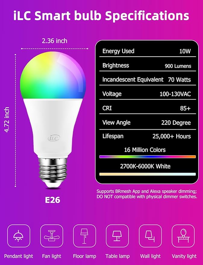 ILC Alexa Light Bulbs 10W (70 Watt Equivalent) Smart Light Bulbs Compatible with Alexa Required Echo Device, 900 Lumens, Color Changing Warm White 2700K (4 Pack)