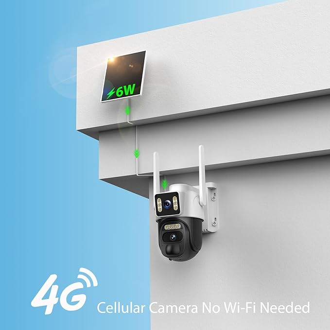 4G LTE Cellular Solar Powered Security Camera Wireless Outdoor, No WiFi Dual Lens Camera, 360 Live View, 2K Color Night Vision, AI PIR Motion Sensor, 2-Way Audio, Built in SIM Card