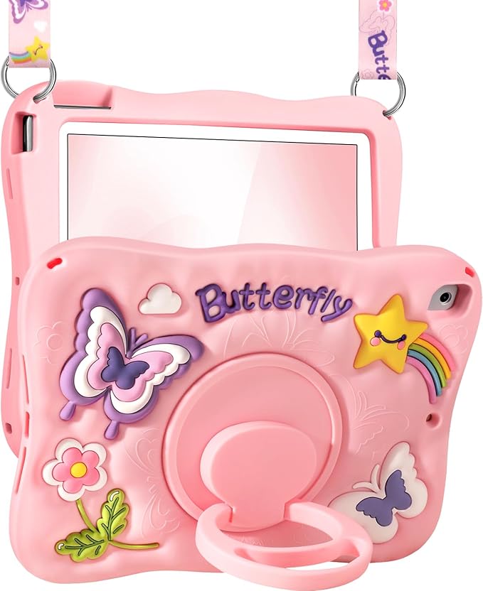 Kidcube for iPad 5th/6th Generation Case, for iPad Air 1st/2nd Gen, for iPad Pro 9.7 Inch Case - Girls Cute Girly Kawaii 3D Butterfly Design Cover with Rotating Stand & Strap Silicone Teen Women Cases