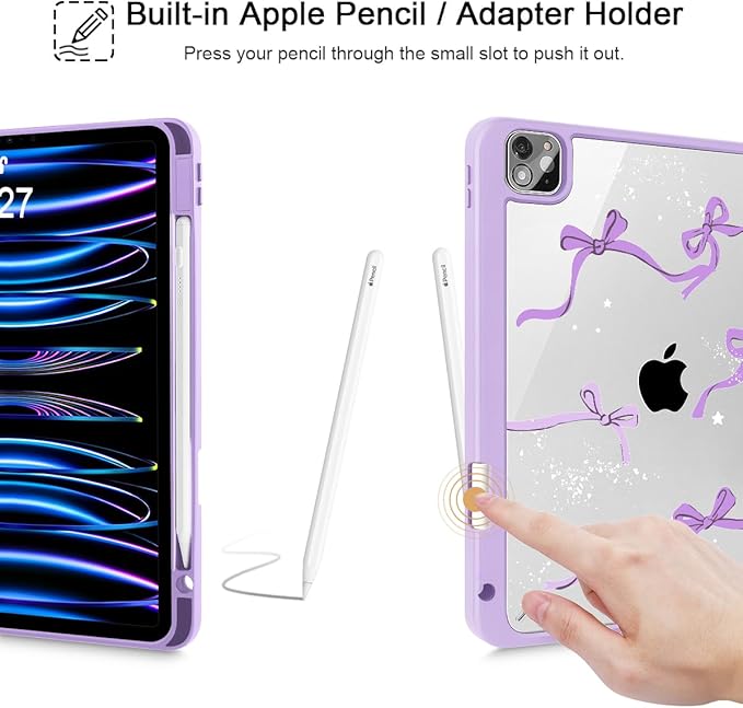 Tuiklol for iPad Pro 12.9 Inch 6th/5th/4th/3rd Generation 2022 2021 2020 2018 Case,Built-in Pencil Holder Clear Transparent Protective Back Shell Cover with Auto Sleep/Wake, Bow-Purple