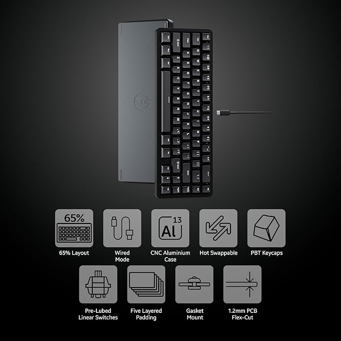 OOCTPK Chilkey ND65 Wired Aluminum Mechanical Keyboard, 65% Layout Portable Gaming Keyboard, PBT Doubleshot Keycaps, Hot Swappable Custom Key Board for Laptop and Office PC - Black