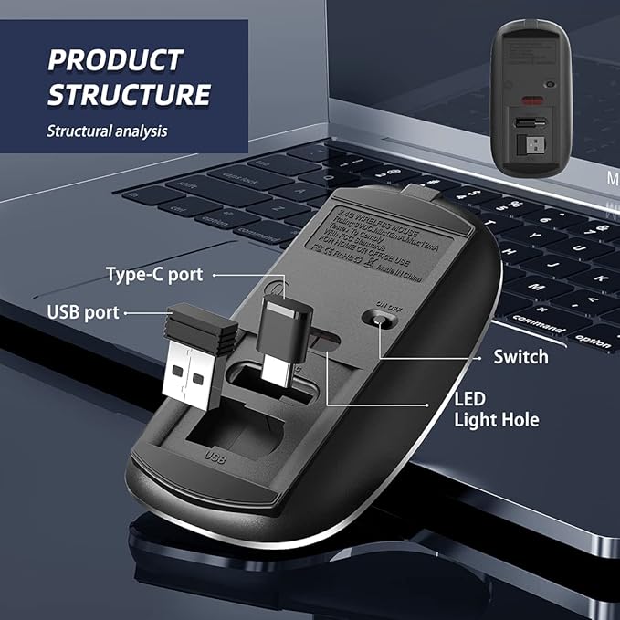 Halpilt Wireless Mouse Chargeable Portable Silent USB-A and Type-C Dual Mode Wireless Mouse 3 Adjustable DPI for Laptop, Mac, Android, PC (Q23S Black) (Black)