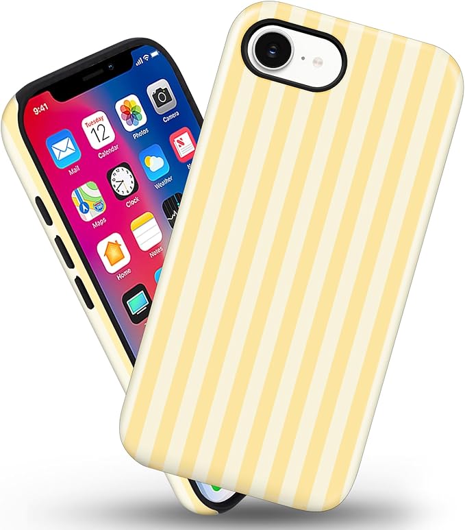 Magnetic for iPhone 16e Case Cute Stripes Phone Case, Shockproof Slim TPU and Hard PC Protective Phone Cover Compatible with MagSafe Designed for Women Girls, Yellow