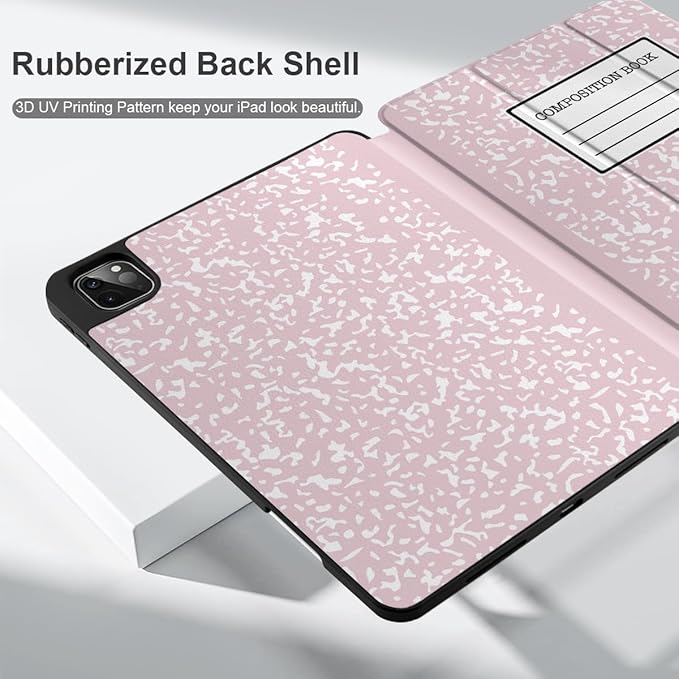 MEEgoodo for iPad Pro 12.9 Case M2 6th/5th/4th/3rd Generation 2022 2021 2020 2018 with Pencil Holder, Tablet Cover with Soft TPU Back Shell, Pink Composition Book