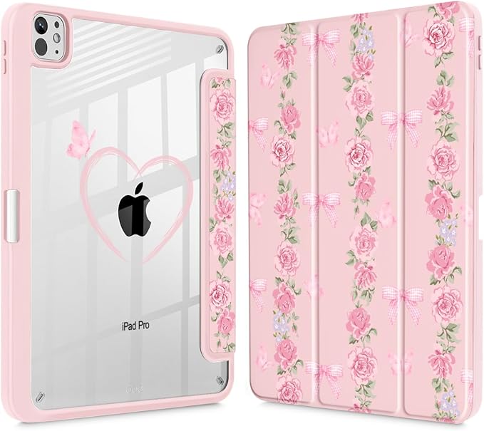 May Chen Case for iPad Pro 11-Inch M5/M4 2025/2024 (6th/5th Generation), [Penceil Holder] Trifold Stand Auto Wake/Sleep Clear TPU Protection Back Cover, Bow & Rose Flower