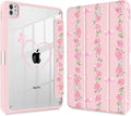 May Chen Case for iPad Pro 11-Inch M5/M4 2025/2024 (6th/5th Generation), [Penceil Holder] Trifold Stand Auto Wake/Sleep Clear TPU Protection Back Cover, Bow & Rose Flower