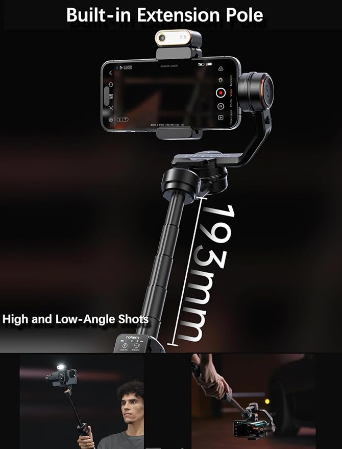 hohem iSteady M7 Gimbal Stabilizer for iPhone, 3-Axis Smartphone Gimbal with Magnetic AI Tracker Fill Light, Detachable Touchscreen Remote Controller, Built-in Extension Rod, 500g Payload
