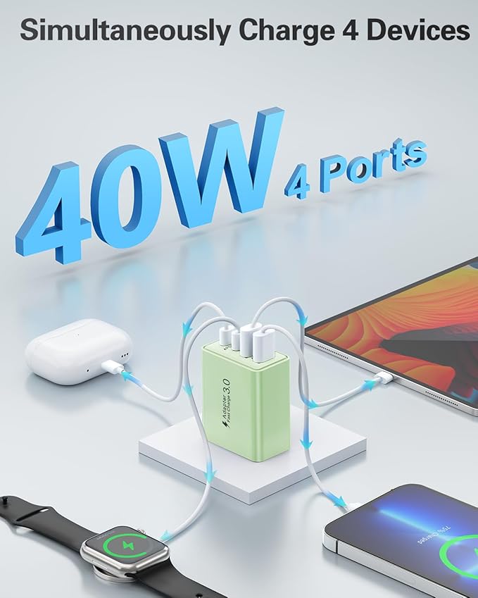 KOUEMGI 2-Pack 40W 4-Port USB C Fast Charging Block (Green), Dual PD+QC Charger Cube for iPhone 15/15 Plus/15 Pro/15 Pro Max, iPad, Samsung, LG, Google Pixel