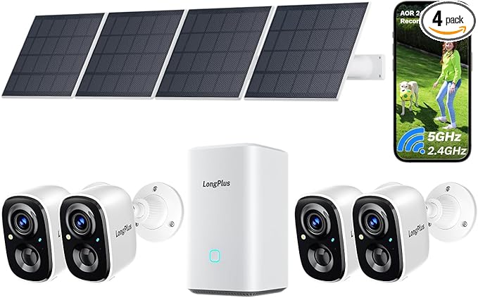 LongPlus 5MP Security Camera System Wireless Outdoor, No Subscription, Solar-Powered, WiFi Home Security Camera System with 360 ° Pan & Tilt, AOR Tech 24-7 Recording, Expandable 8CH,4 Cam-Kit