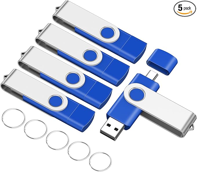EASTBULL 8GB USB2.0 & Type-C Flash Drives 5-Pack, 2-in-1 Dual Flash Drive Bulk USB-A + USB-C Thumb Drives Pack OTG Memory Sticks Compatible with Smartphones, Computers, Tablets, Mac (Blue, USB 2.0)