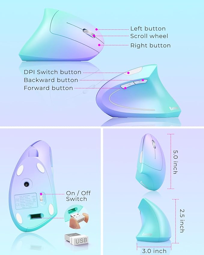 Lekvey Ergonomic Mouse, Vertical Wireless Mouse, Rechargeable 2.4G Optical Carpal Tunnel Mice: 800/1200 / 1600 DPI, 6 Buttons, for Laptop, PC, Mac, Computer, Desktop, Notebook etc, Green Purple