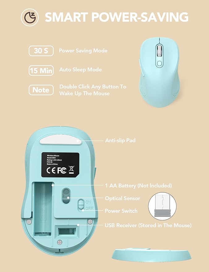Trueque Wireless Mouse for Laptop, 2.4GHz Ergonomic Computer Mouse with Back & Forward Buttons, 3 Adjustable DPI Levels, 6 Buttons, Optical USB Cordless Mice for Windows PC, M01 (Light Blue)