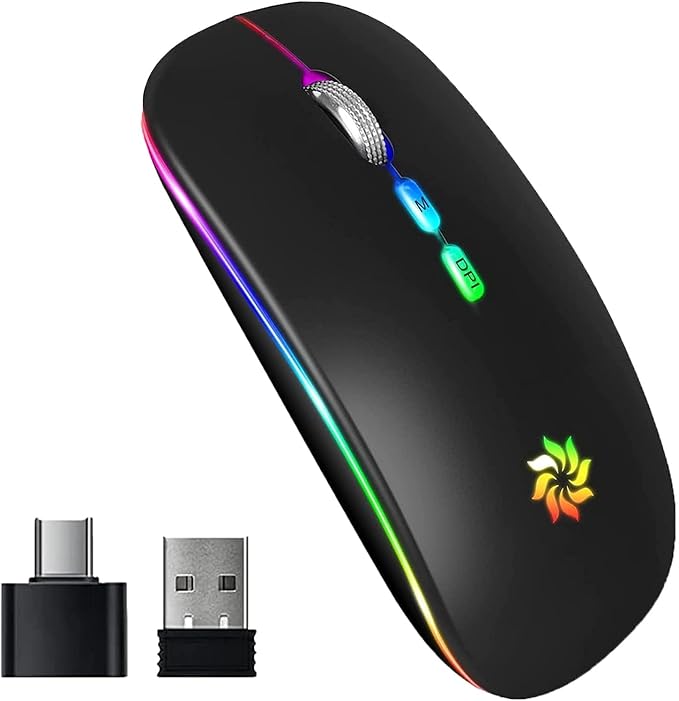 KBCASE Wireless Mouse, LED Wireless Mouse for Laptop, Slim Silent Mouse 2.4G Rechargeable Wireless Computer Mouse for Laptop, MacBook, iPad, Chromebook, with USB & Type-c Receiver