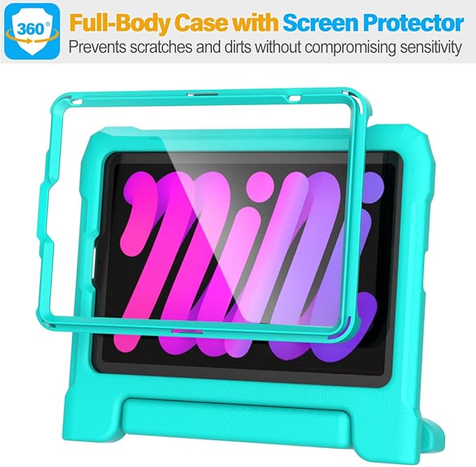 SUPLIK Kids Case for iPad mini 7 (A17 Pro) 2024 & Mini 6 2021, iPad mini 6th/7th Generation Case with Screen Protector, Durable Shockproof Handle Stand Cover for 8.3-inch iPad mini 6/7 Gen, Cyan