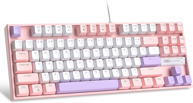 MageGee 75% Mechanical Gaming Keyboard, Red Switch, LED Blue Backlit, 87 Keys Compact TKL Wired Computer Keyboards for Windows Laptop PC Gamer - White/Pink