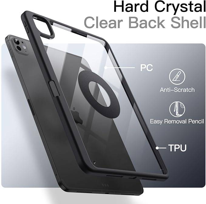 JETech Magnetic Detachable Case for iPad Pro 11-Inch M5/M4 (2025/2024) with Pencil Holder, Removable Rotating Clear Cover, Portrait/Landscape Stand with Raised Screen View (Black)