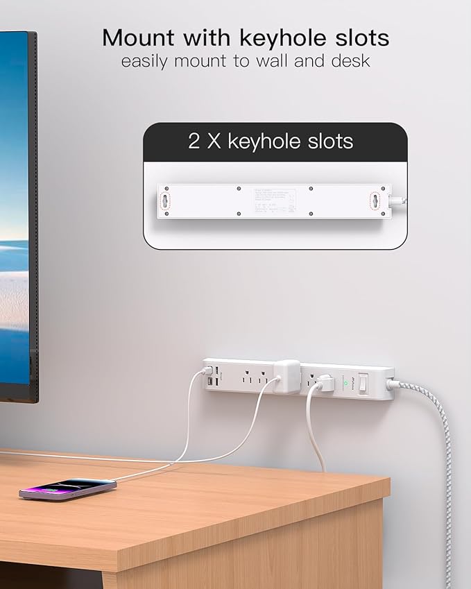 2 Pack Extension Cord 10ft Power Strip - Surge Protector with 6 Outlets 4 USB Charging Ports, Flat Plug, Overload Protection, Wall Mount for Home Office, Dorm Room Essentials