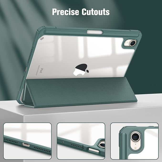 Fintie Hybrid Slim Case for iPad Mini 7 (A17 Pro, 7th Generation) 2024 / iPad Mini 6 (6th Gen) 8.3 Inch, [Built-in Pencil Holder] Shockproof Cover Clear Transparent Back Shell, Midnight Green