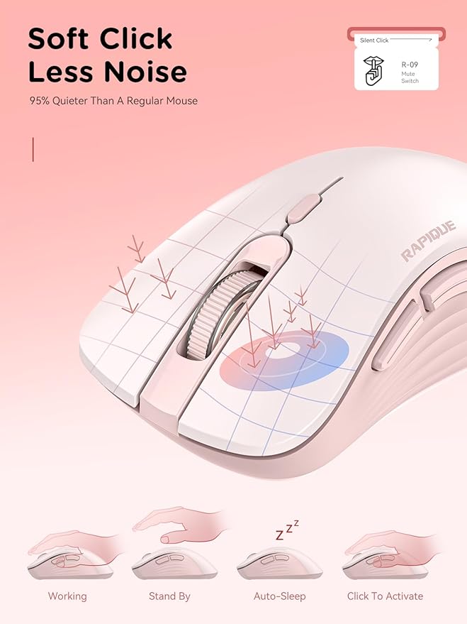 RAPIQUE Bluetooth Wireless Mouse - Dual Bluetooth & 2.4 GHz USB Receiver, Ergonomic Design, Quiet Clicks, Low Power - Multi-Device Compatibility for MacBook, Laptop, Computer, iPad Air/Pro (Pink)