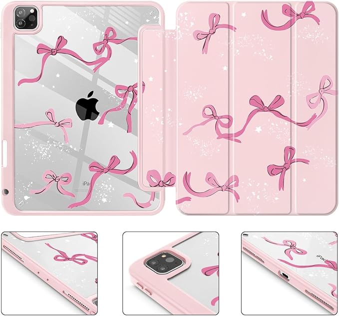 Tuiklol for iPad Pro 12.9 Inch 6th/5th/4th/3rd Generation 2022 2021 2020 2018 Case,Built-in Pencil Holder Clear Transparent Protective Back Shell Cover with Auto Sleep/Wake, Bow-Pink