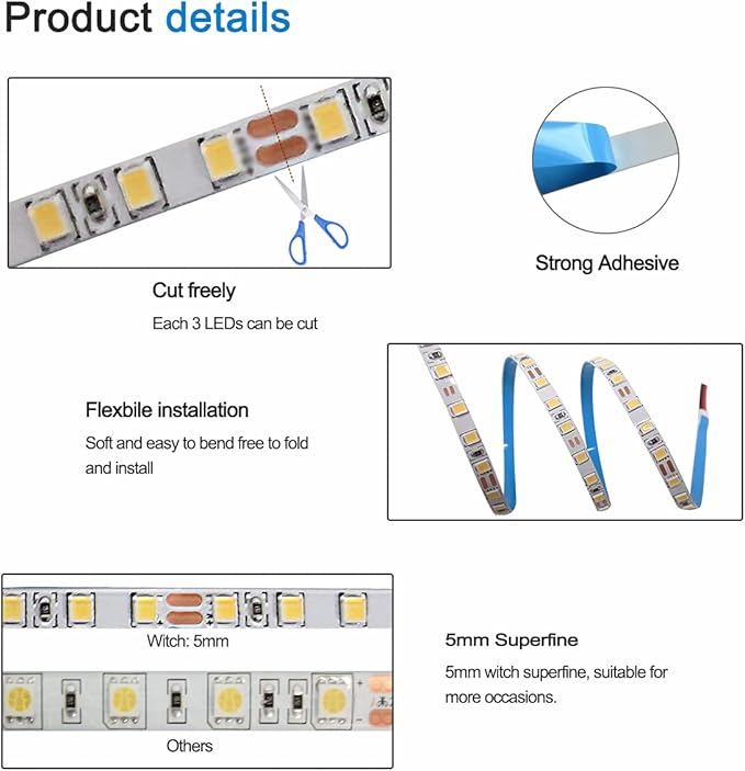 12V LED Strip Lights, 5mm Wide Ultra Narrow Warm White 3000K 16.4ft SMD 2835 IP20 120 LEDs/M, Total 600 LEDs Rope Light Strip for Bedroom, Kitchen, Advertising Decoration
