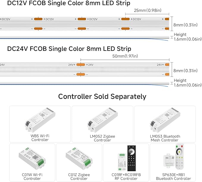 BTF-LIGHTING FCOB COB LED Strip Blue Color 480LEDs/m 16.4FT DC12V Flexible High Density Uniform Light 8mm Width Bright Dimmable for Bedroom Indoor Decor(No Adapter or Controller)
