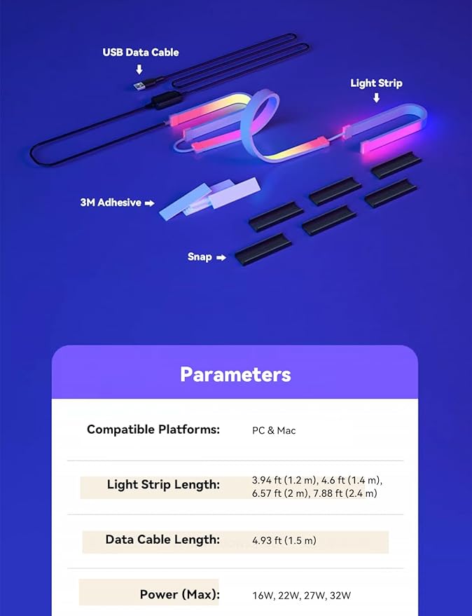 RGB Backlight for PC & Mac, LED Strip Light Sync with Screen Color or Music, Stick to the Edge of Your Desk, LEDs for Desk Gaming, USB Port, Software Control, 6.57ft / 2m