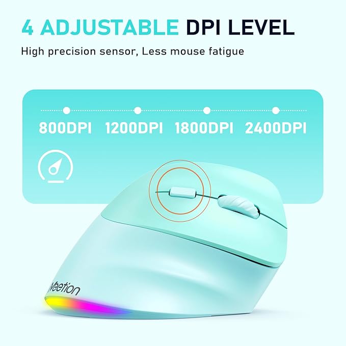 MEETION Ergonomic Mouse, Wireless Vertical Mouse RGB Backlit Rechargeable Mice for Bluetooth(5.2 + 3.0) & USB-A with USB-C Adapter 4 Adjustable DPI for Mac/Windows/Andriod/PC/Tablet/iPad GN
