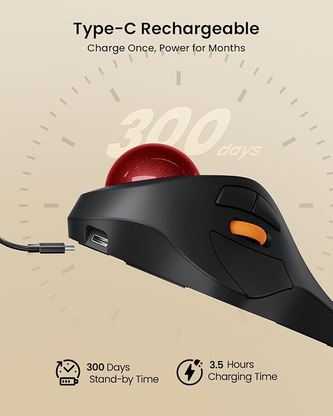 ProtoArc Wireless Bluetooth Trackball Mouse, EM03 NL Ergonomic Rollerball Mouse Rechargeable Computer Mice, 3 Device Connection, Compatible with PC, iPad, Mac, Windows-Red Ball