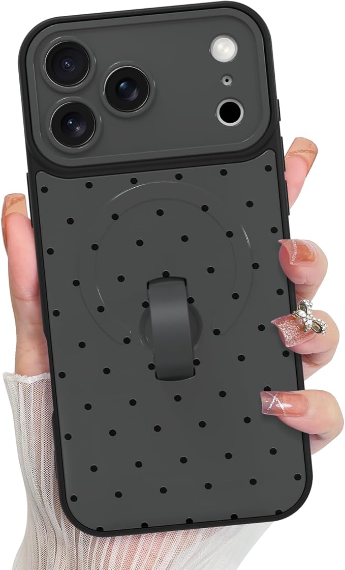 KANGHAR Compatible with iPhone 17 Pro Case, Support for MagSafe, Silicone Spot Cute Pattern, Wristband Kickstand Camera Protection Shockproof Soft Slim Cover for Girls Women, Black