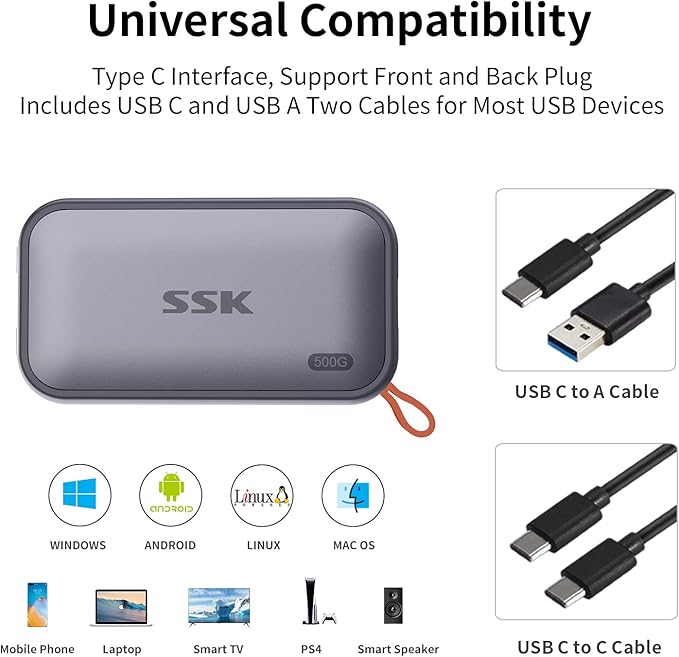 SSK Portable SSD 500GB External Solid State Drives, up to 1050MB/s USB C SSD External Hard Drive USB 3.2 Gen2 for iPhone 15/Pro, Windows, Mac, Android Phones and Tablets