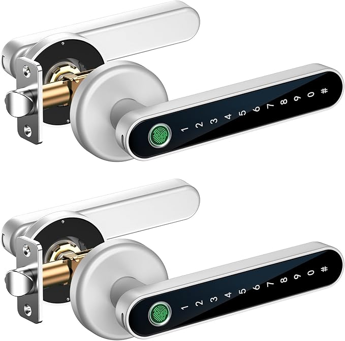 IRONZON Fingerprint Door Handle for Bedrooms - 2pcs 191F 3-in-1 Fingerprint Door Lock with Keypad, Fingerprint Door Knob for Bedroom with Key, Keyless Entry Door Handle - Silver