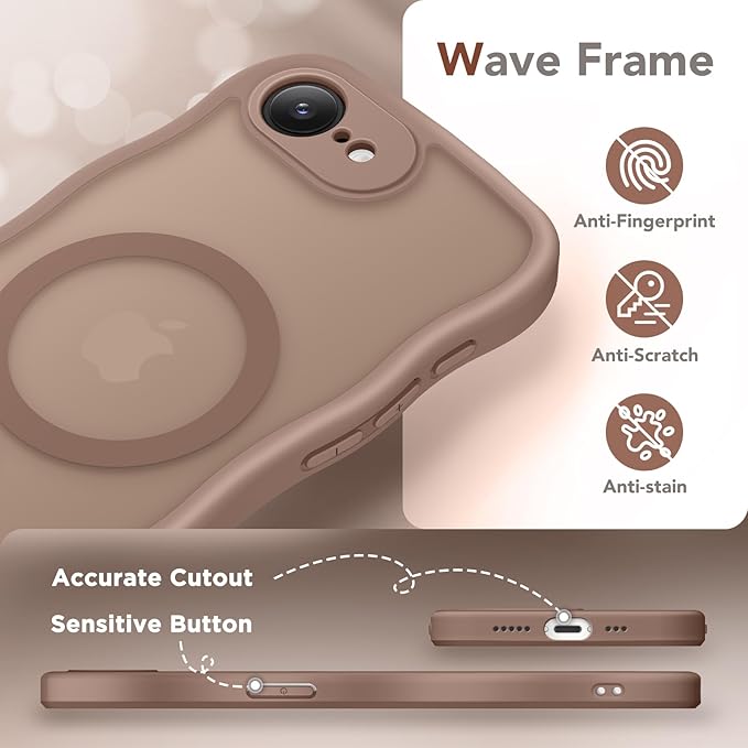 CAPRARO for iPhone 16e Case for Women Girls, Upgraded [Full Camera Protection] [Compatible with MagSafe] Cute Wave Translucent Matte Phone Case for iPhone SE 4 6.1-Inch, Brown