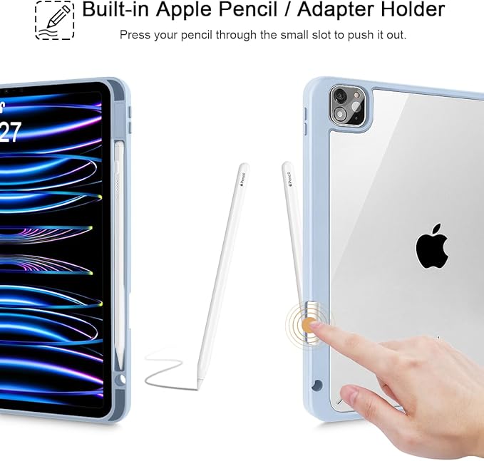 Tuiklol for iPad Pro 11 Inch 4th / 3rd / 2nd / 1st Gen (2022 2021 2020 2018) Case -Built-in Pencil Holder Shockproof Cover Clear Transparent Back Shell with Auto Wake/Sleep, Spot-Blue